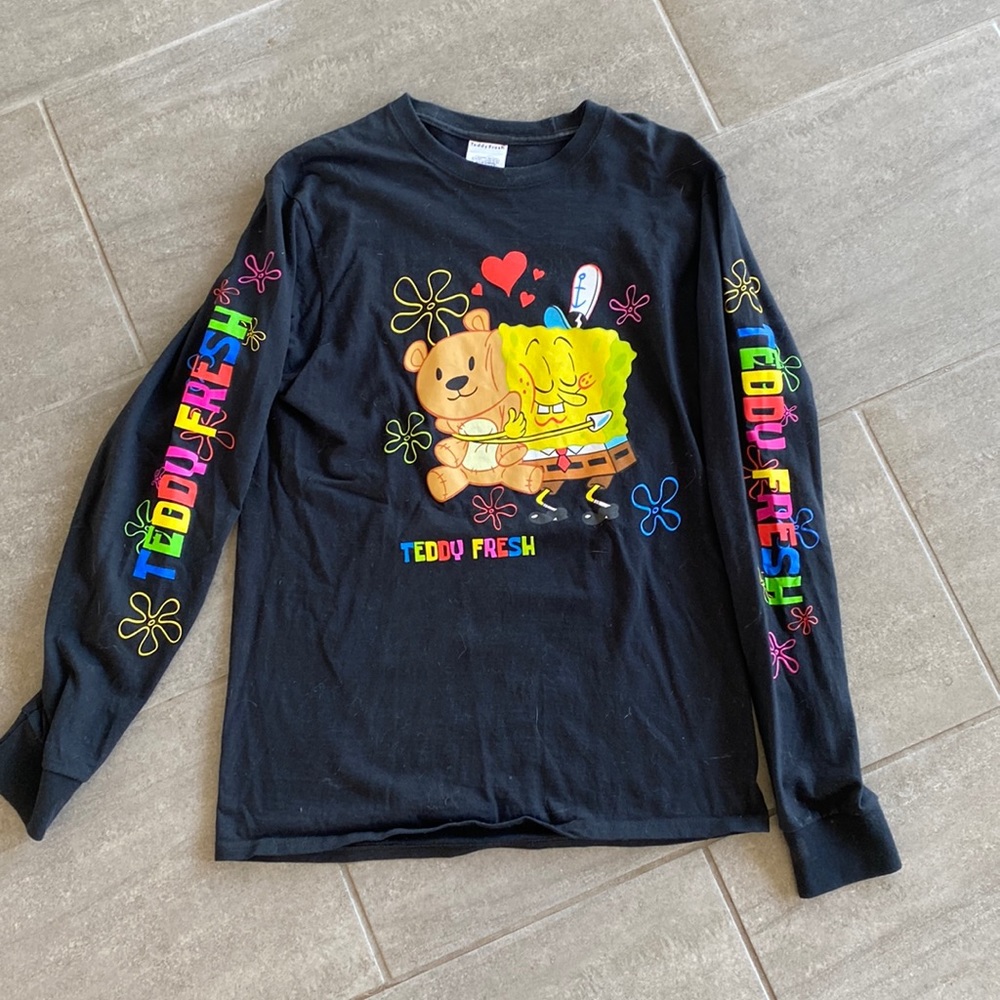 Teddy Fresh Black SpongeBob & Teddy Long Sleeve Tee with Multicolor Graphics